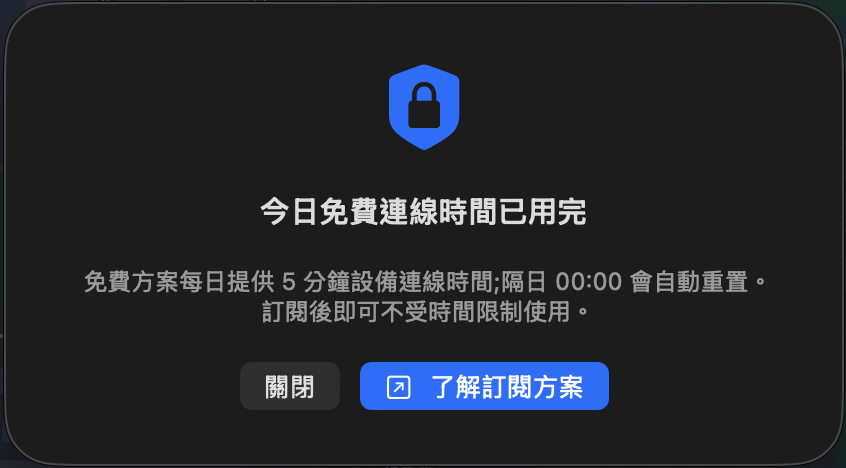 今日免費連線時間已用完